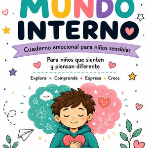 May include: A book cover titled Mi MUNDO INTERNO with colorful text, featuring a cartoon illustration of a child holding a red heart. The design includes clouds, stars, and hearts, with Spanish text describing an emotional workbook for children.