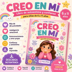 Puede incluir: Un libro titulado Creo en Mi con una ilustración de portada de un niño sonriente con cabello castaño y una diadema rosa, rodeado de flores coloridas, estrellas y un arcoíris. La portada incluye texto sobre autoestima y confianza.