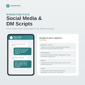 May include: A digital marketing pack for cleaning services titled CleanProKit Social Media & DM Scripts. The graphic displays a smartphone interface showing a sample direct message conversation and a list of ready-to-post captions for social media.