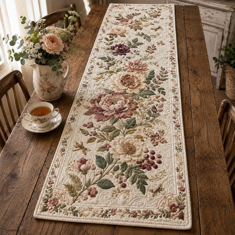 Dusty Rose Floral Quilted-style Table Runner, Shabby Chic Dining Linen ...