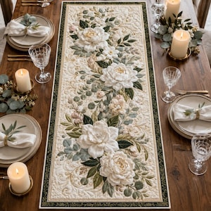 White Floral Quilted-Style Table Runner, Magnolia Sage Green Eucalyptus Decor