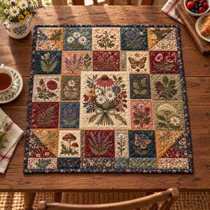 Mantel acolchado de patchwork con flores silvestres, tapete botánico estilo cottagecore