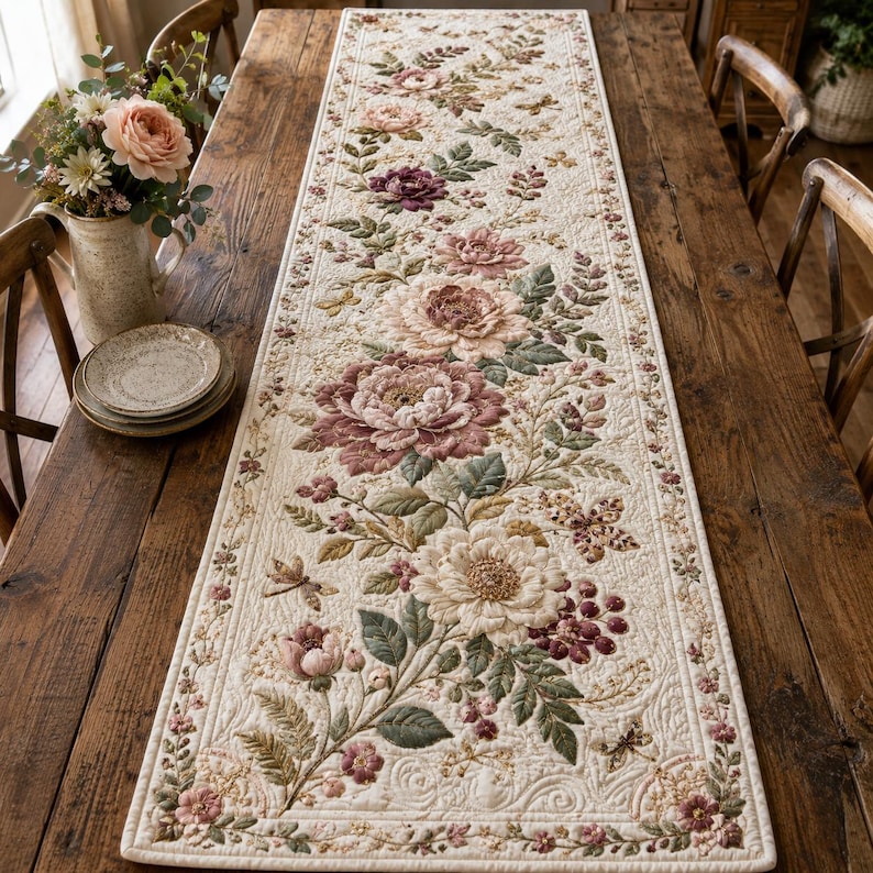 Dusty Rose Floral Quilted-style Table Runner, Shabby Chic Dining Linen ...