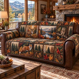 May include: A sofa cover featuring a patchwork design of forest scenes, including a deer, a fox, an owl, and a cardinal. The quilted fabric displays autumn leaves, pine trees, and pinecones in shades of brown, orange, green, and red.