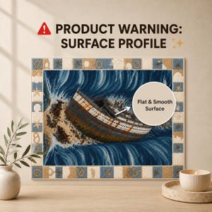 K&ouml;nnte beinhalten: Ein rechteckiges Wandbild mit einem Schiffswrack in aufgew&uuml;hlten blauen Wellen, umrahmt von einer Bord&uuml;re aus Muscheln und Seilen. Der Text lautet: PRODUCT WARNING: SURFACE PROFILE und Flat & Smooth Surface mit einem Warnsymbol.