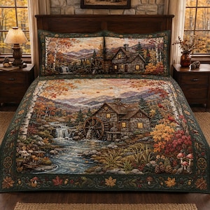 May include: A quilted bedspread featuring a detailed autumn landscape with a stone watermill, a flowing stream, and a waterfall. The scene includes birch trees, colorful fall foliage, and mushrooms, framed by a dark green border with leaf motifs.