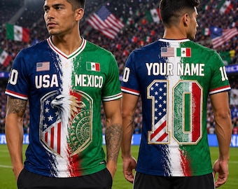 Gesplitst voetbalshirt VS Mexico, voetbalshirt aangepaste naam, WK-fankleding