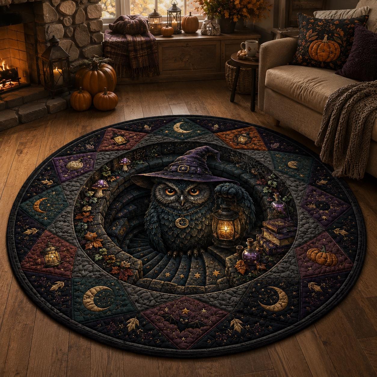 Halloween Witch Owl Quilted Round Rug, Spooky Night Area Rug