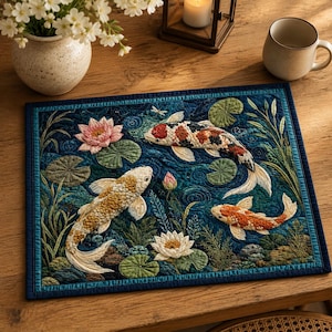 May include: A rectangular quilted placemat featuring an embroidered pond scene with three koi fish in white, orange, and black, surrounded by green lily pads, aquatic plants, and pink and white lotus flowers against a deep blue textured background.