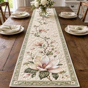 May include: A rectangular quilted table runner featuring a cream-colored fabric base with a central floral pattern of large pink and white magnolia blossoms and green leaves. The runner has a sage green border with small white flower accents.