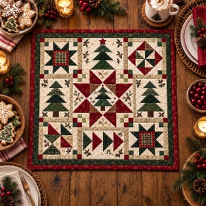 May include: A square quilted table topper featuring a central red star with a green tree, surrounded by blocks of green Christmas trees, red and green stars, and geometric patterns in cream, red, and dark green with holly leaf accents.