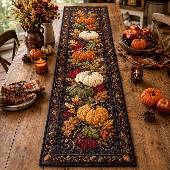 Pumpkin Harvest Table Runner, Dark Moody Autumn Decor, Thanksgiving Rustic Runner