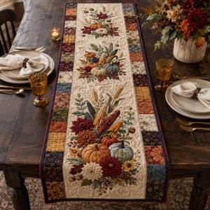 Quilted-Style Autumn Table Runner, Pumpkin Patch Harvest Linen, Thanksgiving Patchwork Decor
