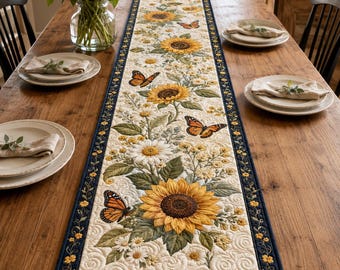Tischläufer mit Sonnenblumen- und Schmetterlingsmuster im Steppstil, Küchentextilien im Landhausstil