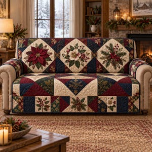 May include: A quilted sofa cover featuring a patchwork design with cream, navy blue, and deep red fabric panels. The pattern includes printed botanical motifs of poinsettias, pinecones, holly berries, and white flowers arranged in diamond shapes.