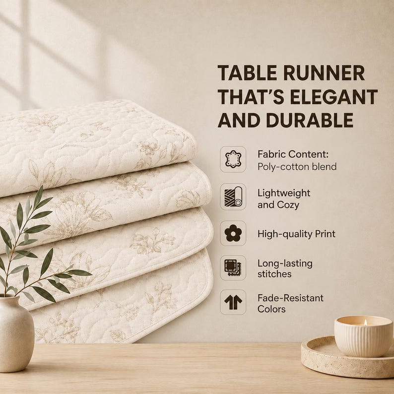 K&ouml;nnte beinhalten: Ein Stapel aus vier cremefarbenen Tischl&auml;ufern mit hellbraunem Blumenmuster und gesteppter Textur. Der Text lautet: TABLE RUNNER THAT'S ELEGANT AND DURABLE, Fabric Content: Poly-cotton blend, Lightweight and Cozy, High-quality Print, Long-lasting stitches, Fade-Resistant Colors.
