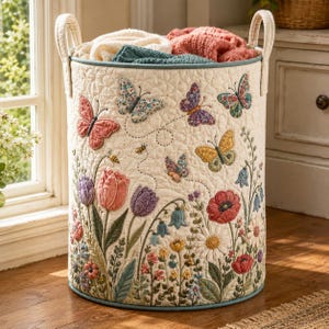 May include: A cylindrical quilted fabric storage basket featuring an off-white background with embroidered colorful butterflies, tulips, poppies, and daisies. The basket has two side handles and contains folded cream and coral-colored textiles.