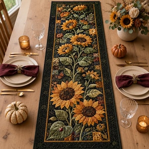 May include: A rectangular quilted table runner featuring a vertical arrangement of sunflowers with green leaves on a dark background, displayed on a wooden table with plates, maroon napkins, gold napkin rings, glasses, and small pumpkins.