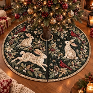 May include: A circular dark green quilted Christmas tree skirt featuring a repeating pattern of white rabbits, red cardinals, pine branches, holly berries, and snowflakes. The fabric has a gold-toned border and a central opening for the tree trunk.
