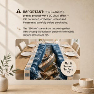 K&ouml;nnte beinhalten: Ein rechteckiger Tischl&auml;ufer mit einem flachen, gedruckten 3D-Effekt-Bild eines Schiffswracks auf dem Meeresboden, umgeben von tiefblauen Wellen. Der Text lautet: IMPORTANT: This is a flat (2D) printed product with a 3D visual effect.