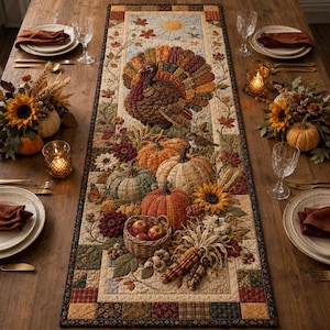 Puede incluir: Un camino de mesa rectangular de tela con un diseño acolchado que muestra un pavo, calabazas, una cesta de manzanas, girasoles y hojas de otoño. El borde consiste en un patrón de patchwork en tonos marrones, naranjas y rojos.