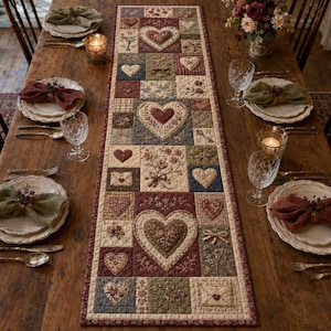 May include: A rectangular quilted table runner featuring a patchwork design of hearts, floral motifs, and envelopes in muted shades of red, blue, green, and cream. The runner is centered on a wooden table set with plates, napkins, and glassware.