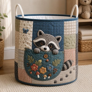 Könnte beinhalten: Ein runder Aufbewahrungskorb aus Stoff mit gestepptem Patchwork-Design in Blau-, Beige- und Grüntönen. Die Vorderseite zeigt einen Waschbären, der aus einer Tasche mit gestickten Blumen, Blättern und Pilzen hervorschaut, mit zwei weißen Griffen.
