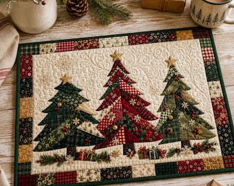 Quilted Christmas Tree Placemat, Patchwork Holiday Dining Table Mat