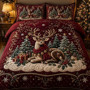 Pode incluir: Uma colcha acolchoada vermelho-escura e duas fronhas a condizer com um motivo central de uma rena com um cachecol vermelho e guizos, rodeada por árvores de Natal decoradas, presentes embrulhados, bagas de azevinho e flocos de neve.