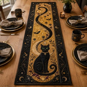 May include: A rectangular table runner featuring a black cat sitting in front of a crescent moon, surrounded by gold and black floral patterns, stars, bats, and paw prints. The design is bordered by a dark frame with moon and star motifs.
