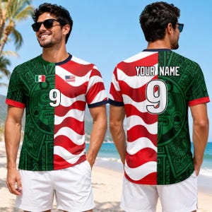 May include: A short-sleeve t-shirt featuring a split design with a green Aztec-inspired pattern on one side and red and white wavy stripes on the other. The front displays the number 9, a Mexico flag, and a USA flag. The back shows the number 9 and text reading YOUR NAME.