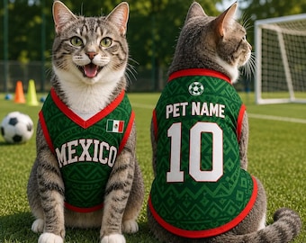 Mexiko Katzen Fußball Trikot, Kundenspezifisches Haustier Fußball-Shirt, Grüne El Tri Feline Uniform