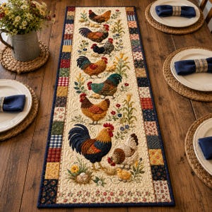 May include: A rectangular quilted table runner featuring a central cream-colored panel with embroidered roosters, hens, and chicks surrounded by floral motifs. The border consists of a patchwork of small squares in various colors and patterns.