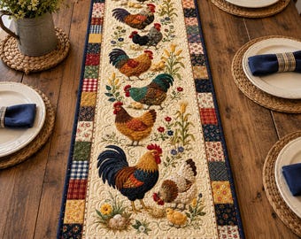 Tischläufer im Steppstil mit Hühnermotiv, Küchendekoration im Landhausstil, Patchwork-Tischwäsche mit Hahnenmuster