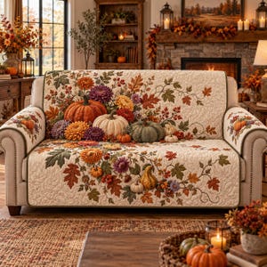 May include: A cream-colored sofa cover featuring a quilted texture and a printed pattern of orange, white, and green pumpkins, colorful chrysanthemums, and autumn leaves. The design covers the backrest, seat, and armrests with a seasonal motif.