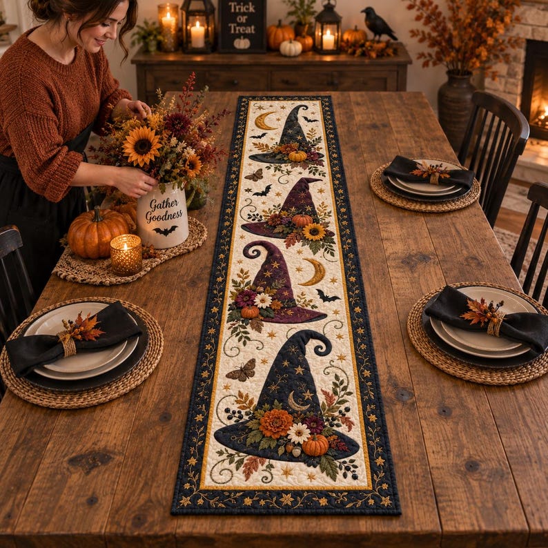 Halloween Witch Hats Quilted Table Runner, Fall Floral Dining Decor ...