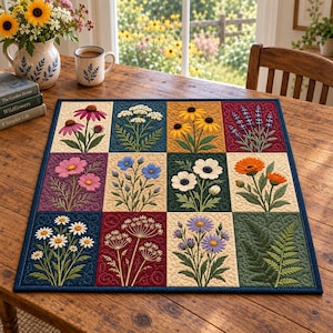 May include: A rectangular fabric quilt featuring a grid of twelve squares, each displaying embroidered botanical illustrations of various wildflowers, including daisies, lavender, and ferns, with a dark blue border on a wooden table.