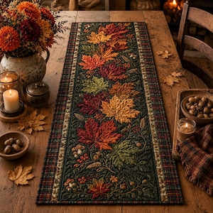 Quilted Autumn Maple Leaf Table Runner, Rustic Fall Thanksgiving Decor