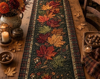 Quilted Autumn Maple Leaf Table Runner, Rustic Fall Thanksgiving Decor