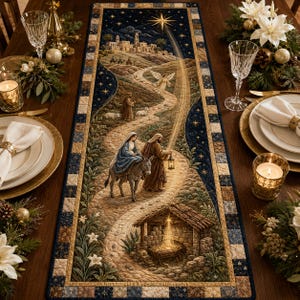 May include: A rectangular fabric table runner featuring a detailed nativity scene print with a dark blue starry sky, a bright guiding star, a desert landscape, and a central path showing figures traveling toward a stable with a glowing manger.