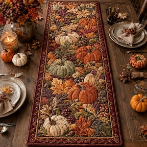 Puede incluir: Un camino de mesa acolchado rectangular con un patrón detallado de cosecha otoñal que incluye varias calabazas, piñas y hojas de otoño coloridas en tonos naranja, verde y marrón, bordeado por una tela de color rojo oscuro con un ribete geométrico.