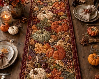 Printed Quilted-Style Pumpkin Table Runner, Autumn Fall Harvest Decor