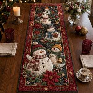 May include: A rectangular fabric table runner featuring a dark background with a repeating pattern of four snowmen wearing hats and scarves, accented by red poinsettias, green holly leaves, gold bells, and pinecones, bordered by a red floral trim.