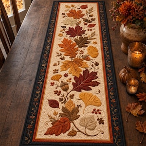 Tafelloper met herfstbladeren in quiltstijl, herfstdecoratie in landelijke stijl, tafellinnen voor Thanksgiving