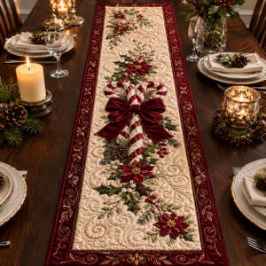 Peut inclure: Un chemin de table matelassé rectangulaire avec un centre crème orné de poinsettias rouges brodés, de feuilles de houx vertes et de deux sucres d'orge croisés noués par un grand nœud en velours rouge, bordé d'un tissu rouge foncé à liseré doré.