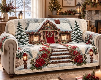 May include: A quilted sofa cover featuring a winter cabin scene with a snow-covered roof, a red front door, evergreen trees, and red poinsettia flowers. The design includes a stone pathway leading to the cabin and two lit lamp posts.