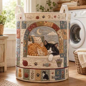 Könnte beinhalten: Ein zylindrischer, gesteppter Wäschekorb mit Patchwork-Design aus Blumenmustern, Wollknäueln, Pfotenabdrücken und Fischen. Das mittlere Feld zeigt eine orangefarbene getigerte Katze und eine schwarz-weiße Katze, die zusammen in einem Fenster schlafen.