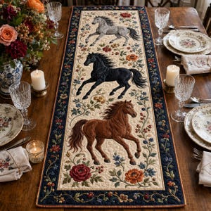 May include: A rectangular table runner featuring a cream-colored center panel with three galloping horses in gray, black, and brown, surrounded by floral motifs. The runner has a dark blue border with a repeating floral pattern along the edges.
