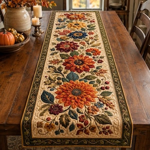 May include: A rectangular quilted table runner featuring a central floral pattern with large orange, red, and yellow sunflowers, smaller blue and purple blossoms, and green leaves on a cream background, framed by a dark green border with vines.