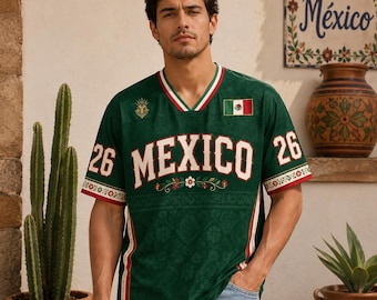 Camiseta de fútbol de México con estampado floral, camiseta unisex verde personalizada, equipación para el Mundial 2026.